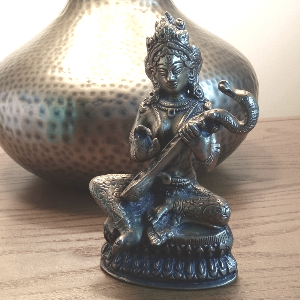 Antique Brass / Bronze Hindu Goddess Saraswati Figurine 6” Sculpture